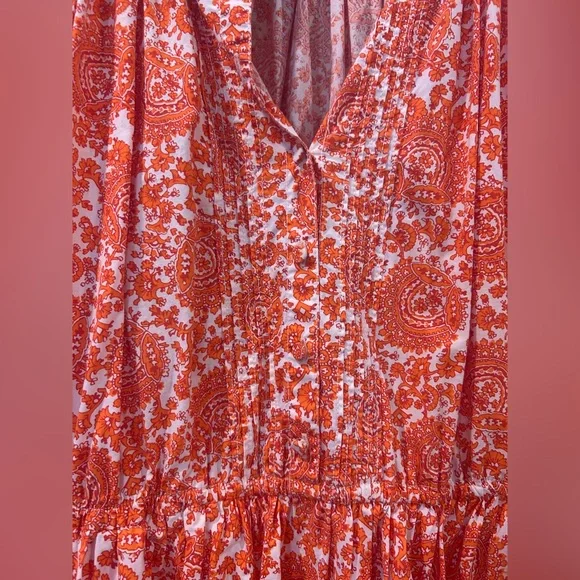 J.Crew Ruffle Collar Mini Long Sleeve Dress Cotton Poplin Orange Print Size L - Picture 5 of 6
